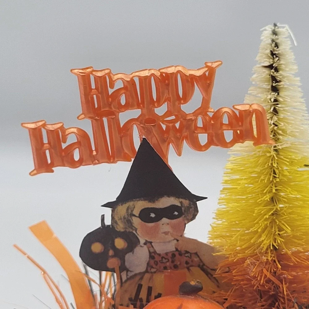 Halloween Tiered Tray Decor Assemblage Art Vintage Schilling Tin Witch OOAK
